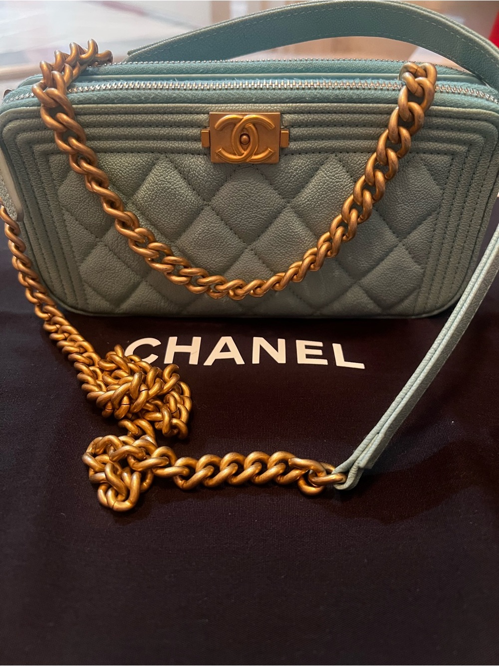 Chanel Double Zip Clutch with Chain Quilted Caviar